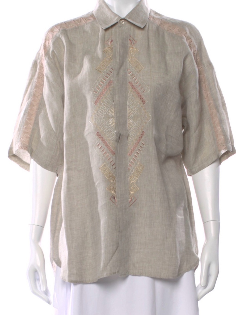 Two Embroidered Short-Sleeve Linen-Blend Tunic in Light Taupe and White